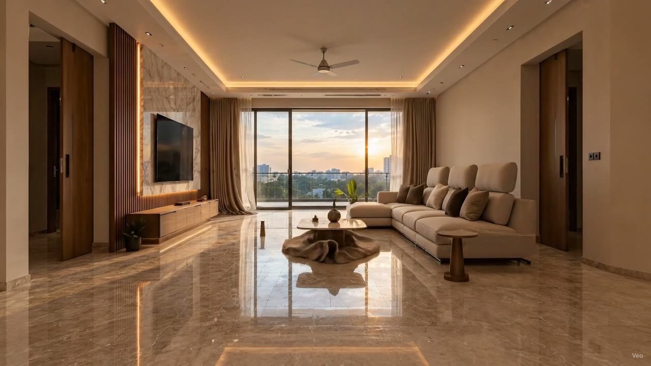 Living room with marble TV wall and custom seating
