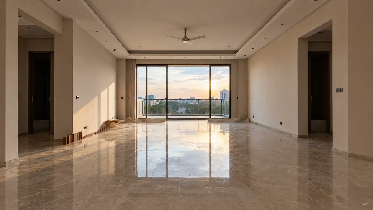 The same living room as an empty shell before work began